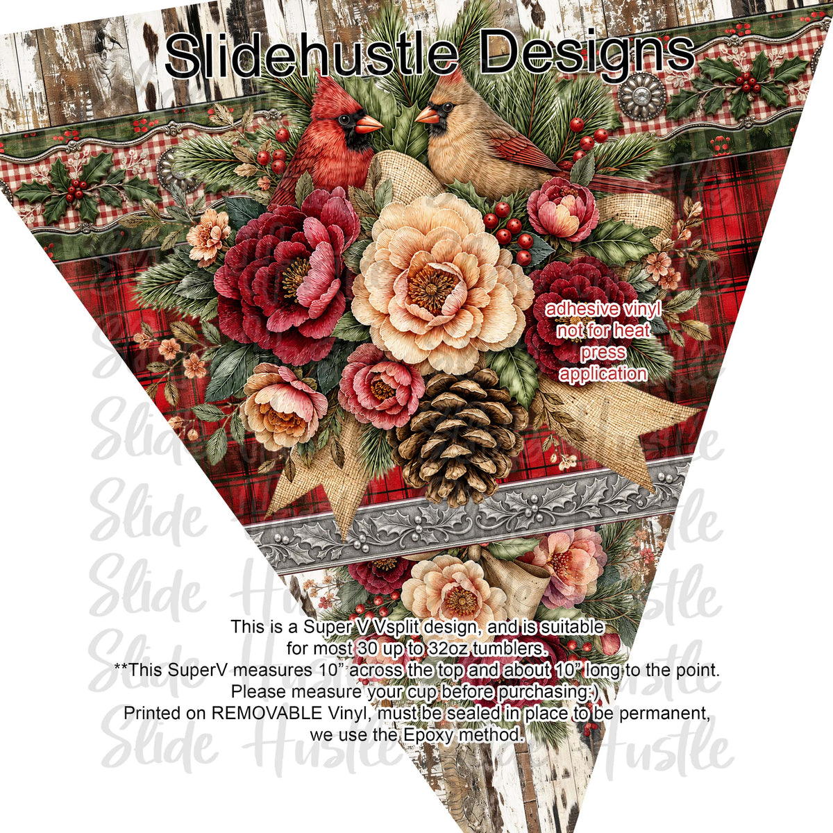 Super V design, Christmas Cardinals on barnboard, choose either 20 ounce or 30 ounce size. VF905 VS3