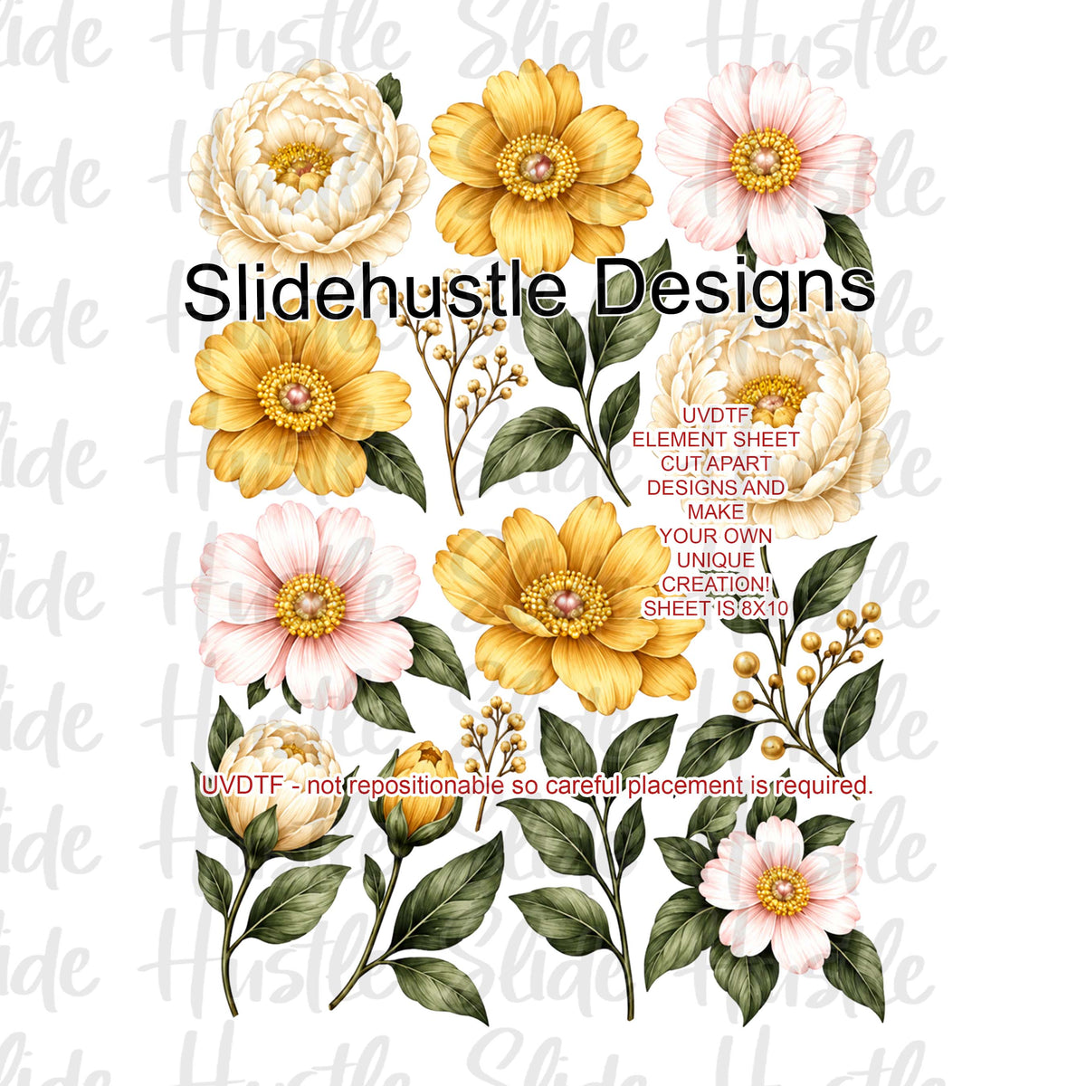 UVDTF Element Sheet, White and Yellow florals , 8x10",  VF906 ES3