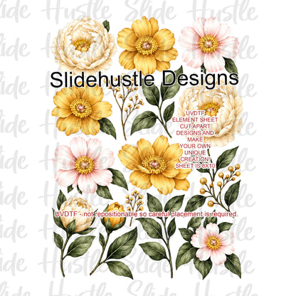 UVDTF Element Sheet, White and Yellow florals , 8x10",  VF906 ES3