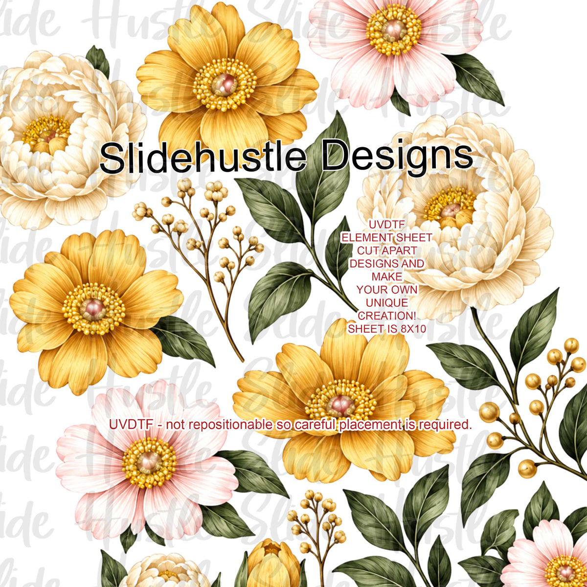 UVDTF Element Sheet, White and Yellow florals , 8x10",  VF906 ES3