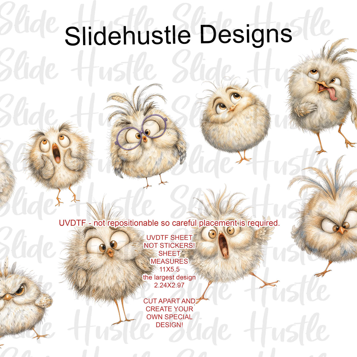 UVDTF 1/2 Element Sheet, Cute funny chicks Designs for Tumblers, VF906 HS1