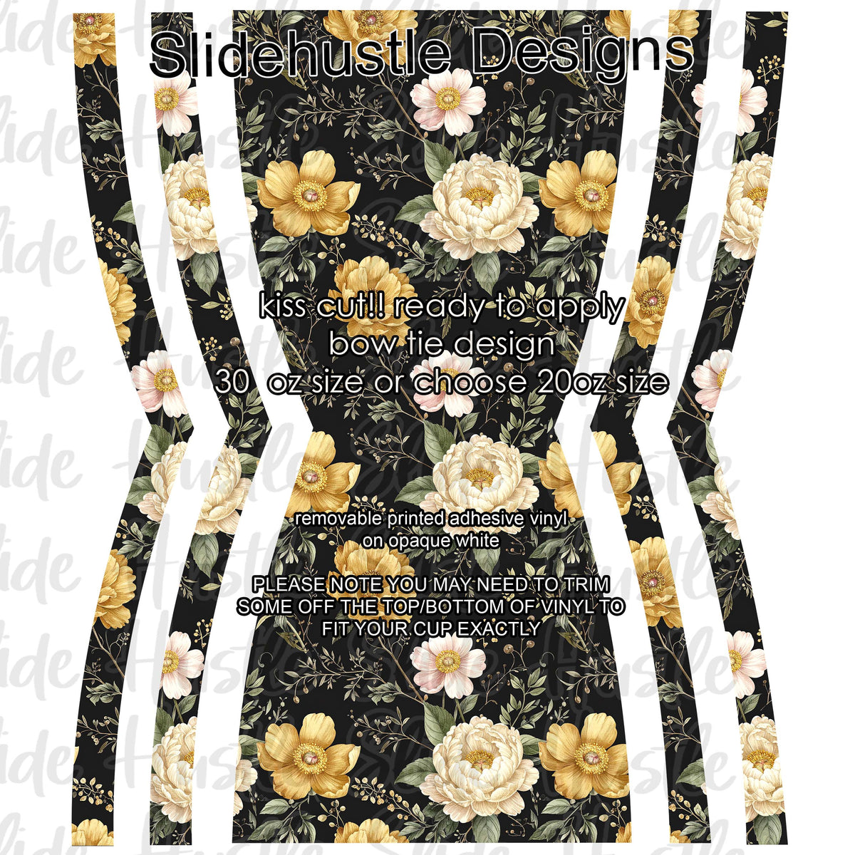 Bow Tie  Design, White and Yellow florals on a black background, choose 20 or 30 ounce, VF906 KC16