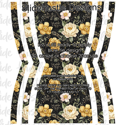 Bow Tie  Design, White and Yellow florals on a black background, choose 20 or 30 ounce, VF906 KC16