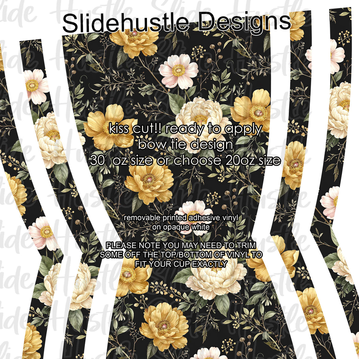 Bow Tie  Design, White and Yellow florals on a black background, choose 20 or 30 ounce, VF906 KC16