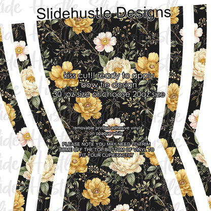 Bow Tie  Design, White and Yellow florals on a black background, choose 20 or 30 ounce, VF906 KC16