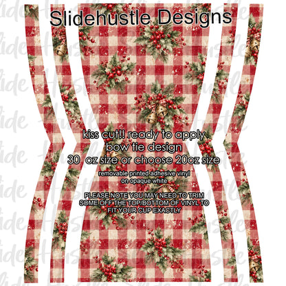 Bow Tie  Design, Christmas greenery on red plaid background, choose 20 or 30 ounce, VF906 KC4