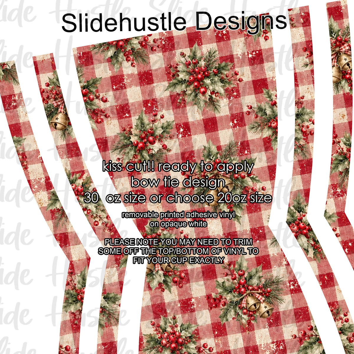 Bow Tie  Design, Christmas greenery on red plaid background, choose 20 or 30 ounce, VF906 KC4