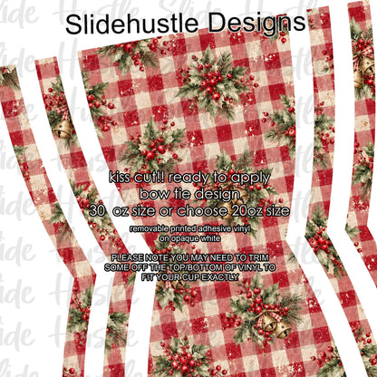Bow Tie  Design, Christmas greenery on red plaid background, choose 20 or 30 ounce, VF906 KC4