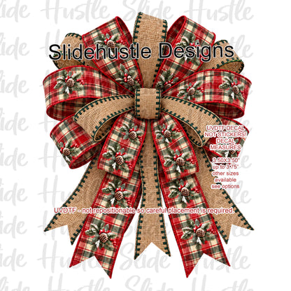 UVDTF Decal, Christmas Bow, burlap and pine bough ribbon, VF906 S11