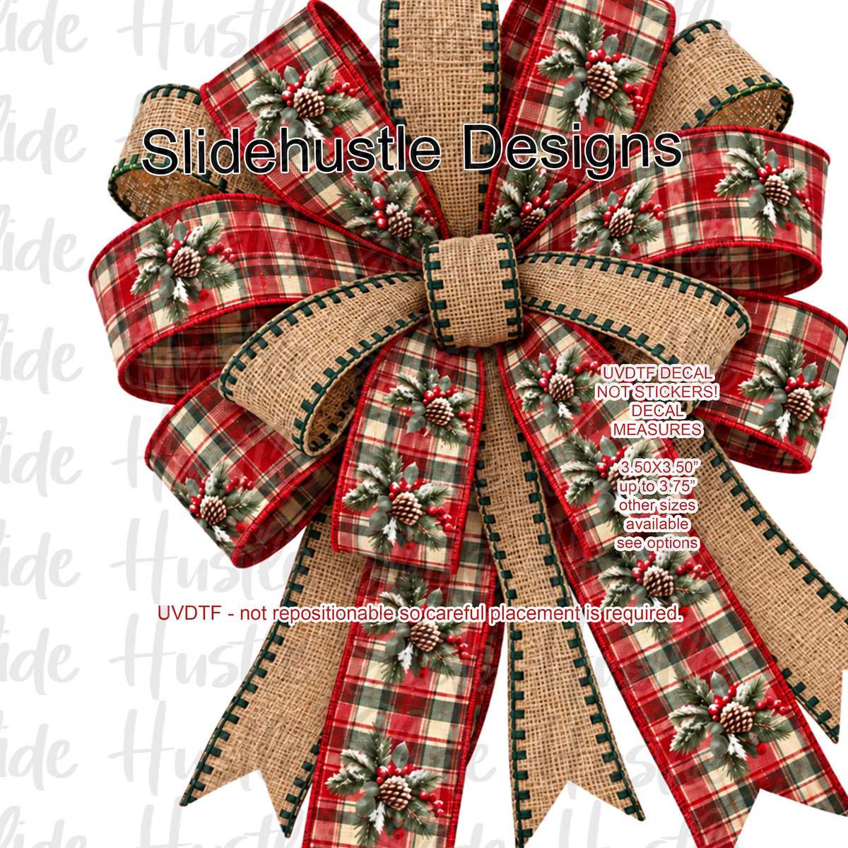 UVDTF Decal, Christmas Bow, burlap and pine bough ribbon, VF906 S11