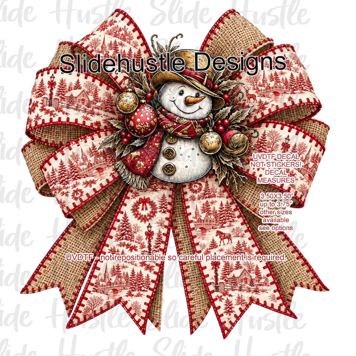 UVDTF Decal, Christmas Bow, burlap and snowman center, VF906 S12