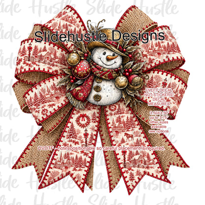 UVDTF Decal, Christmas Bow, burlap and snowman center, VF906 S12