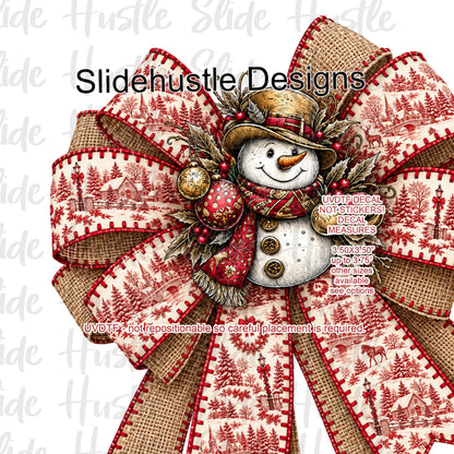 UVDTF Decal, Christmas Bow, burlap and snowman center, VF906 S12
