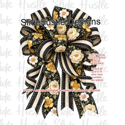 UVDTF Decal, Black Bow with White and Yellow Flowers, VF906 S14
