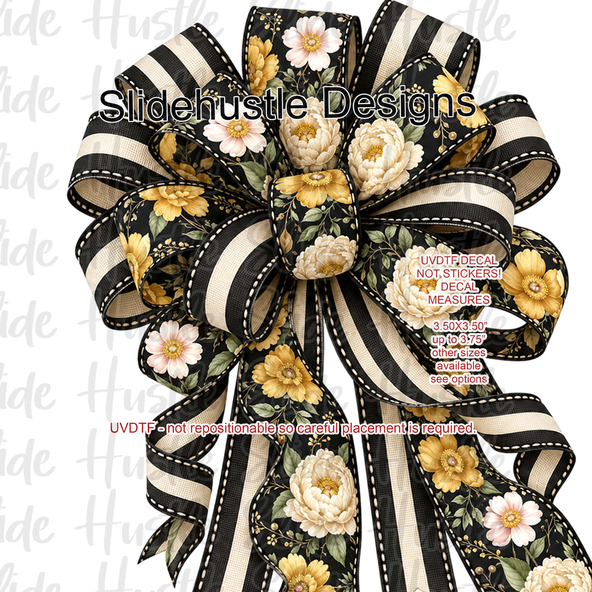 UVDTF Decal, Black Bow with White and Yellow Flowers, VF906 S14