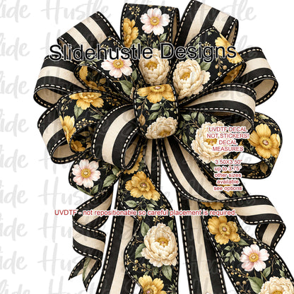 UVDTF Decal, Black Bow with White and Yellow Flowers, VF906 S14