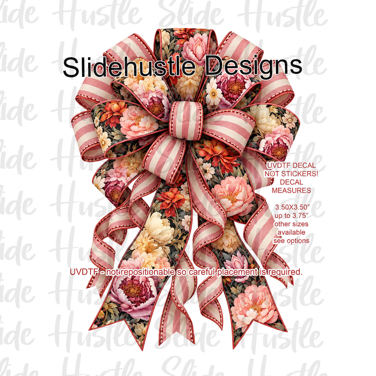 UVDTF Decal, Red and White Bow with Red and Yellow Flowers, VF906 S16