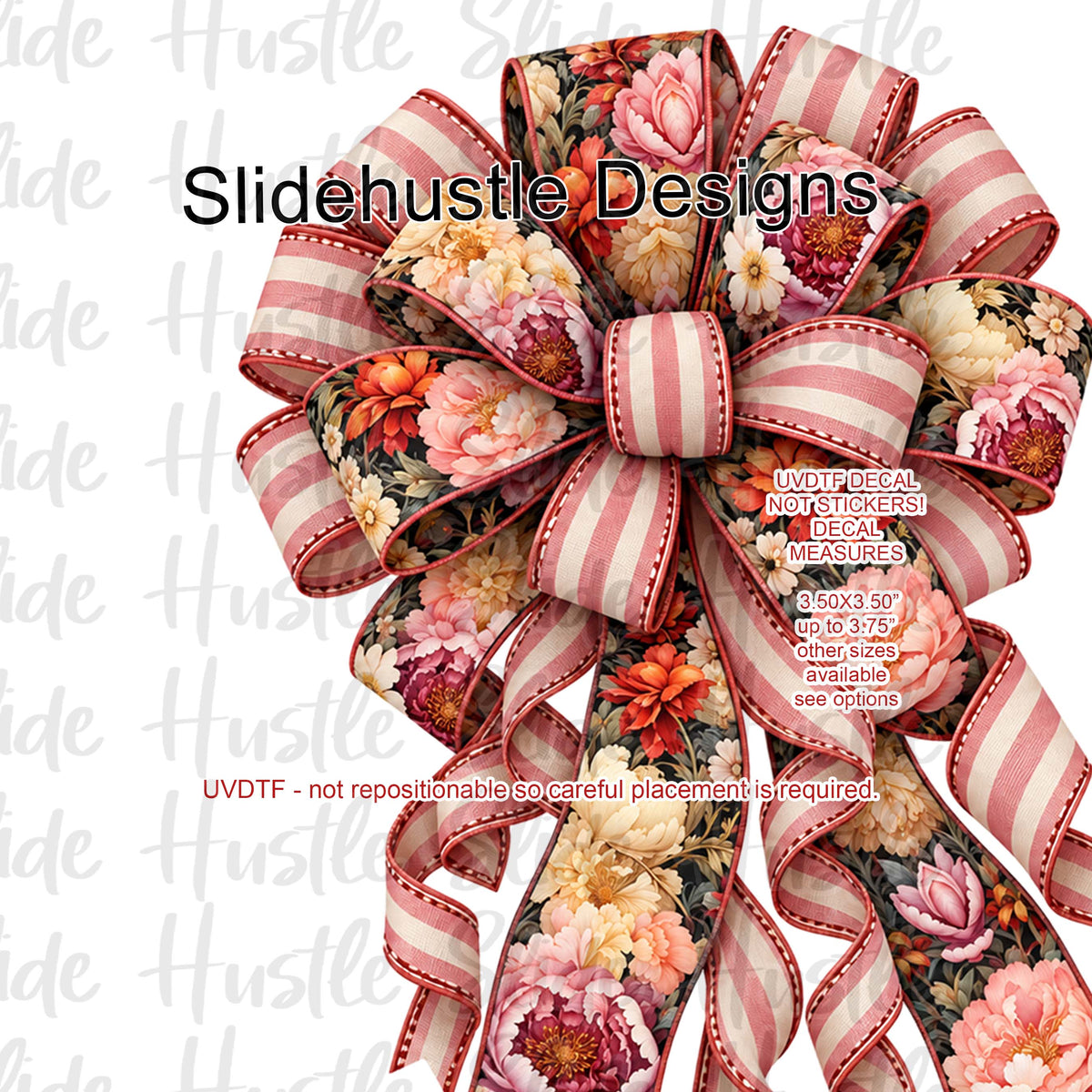 UVDTF Decal, Red and White Bow with Red and Yellow Flowers, VF906 S16