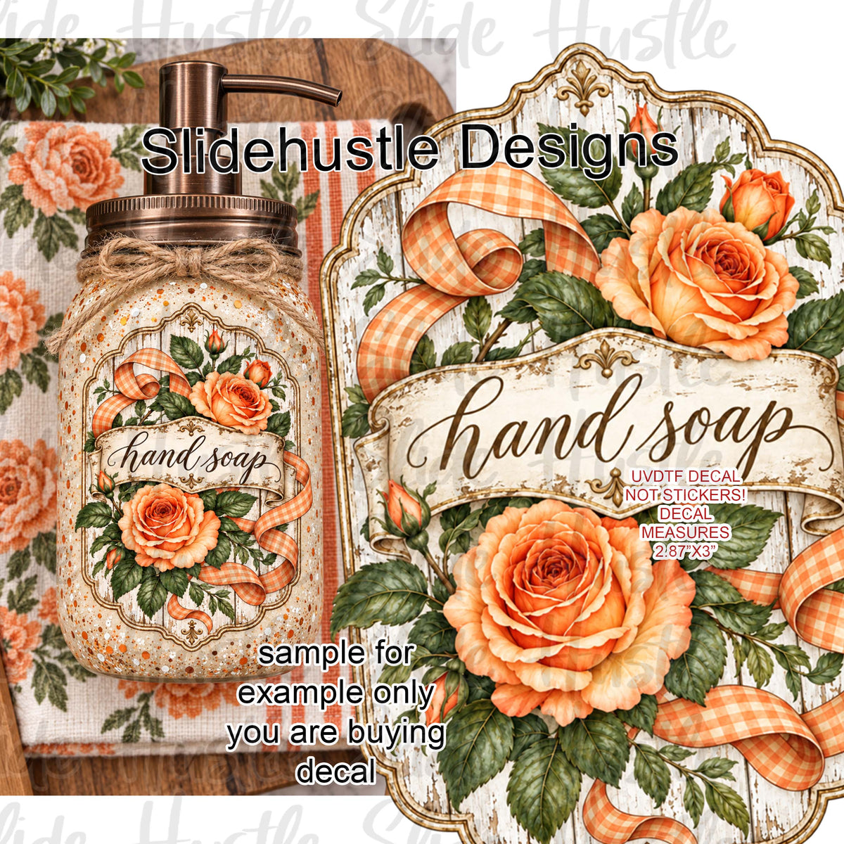 UVDTF Decal, Hand soap with peach roses VF906 S3 4x4