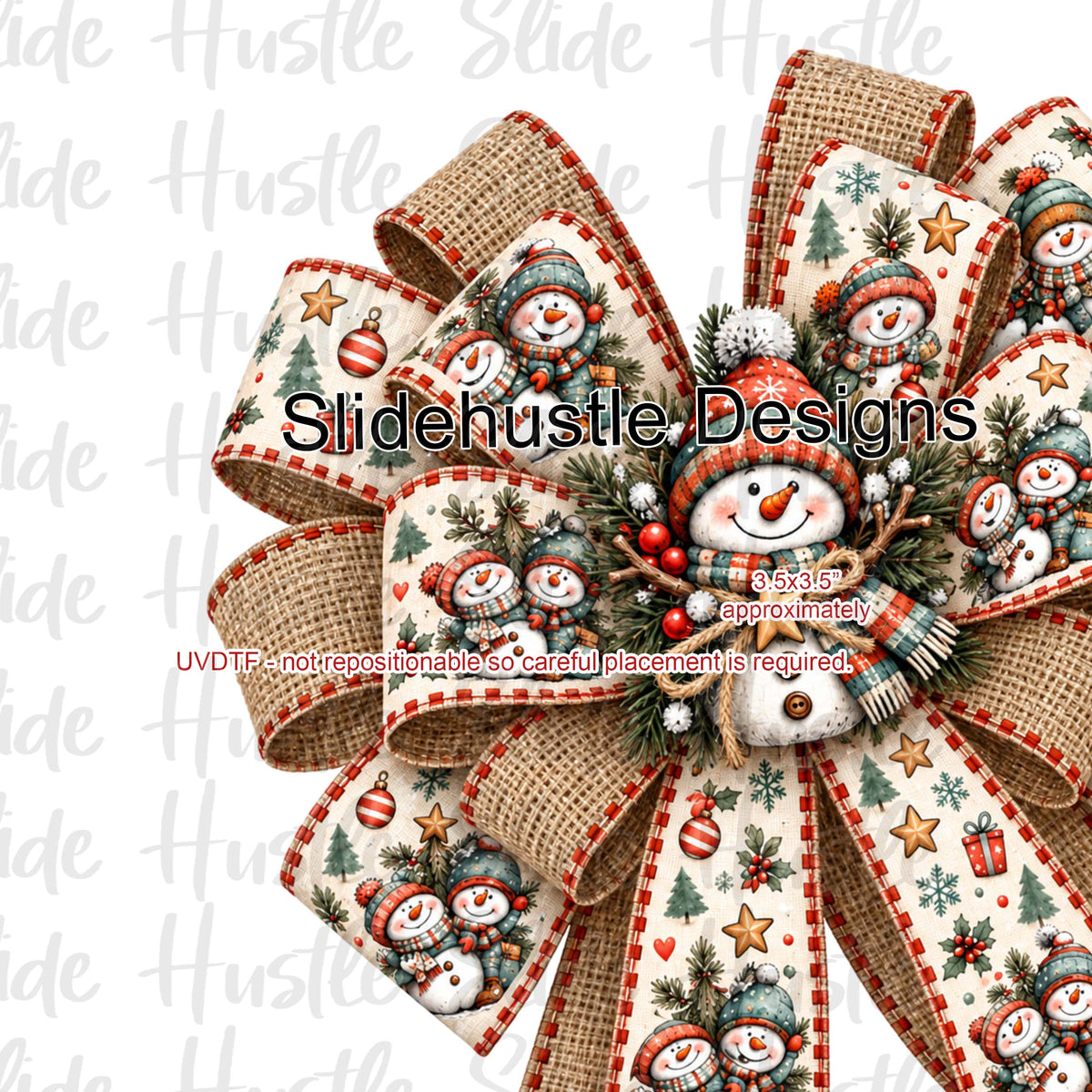UVDTF Decal, Christmas Bow, burlap and snowman center, VF906 S35