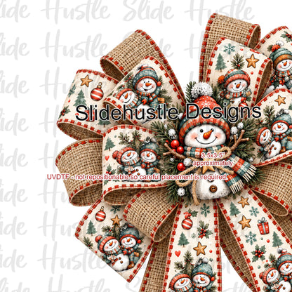 UVDTF Decal, Christmas Bow, burlap and snowman center, VF906 S35