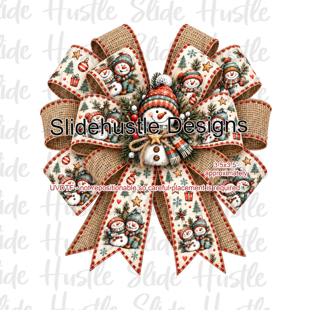 UVDTF Decal, Christmas Bow, burlap and snowman center, VF906 S35