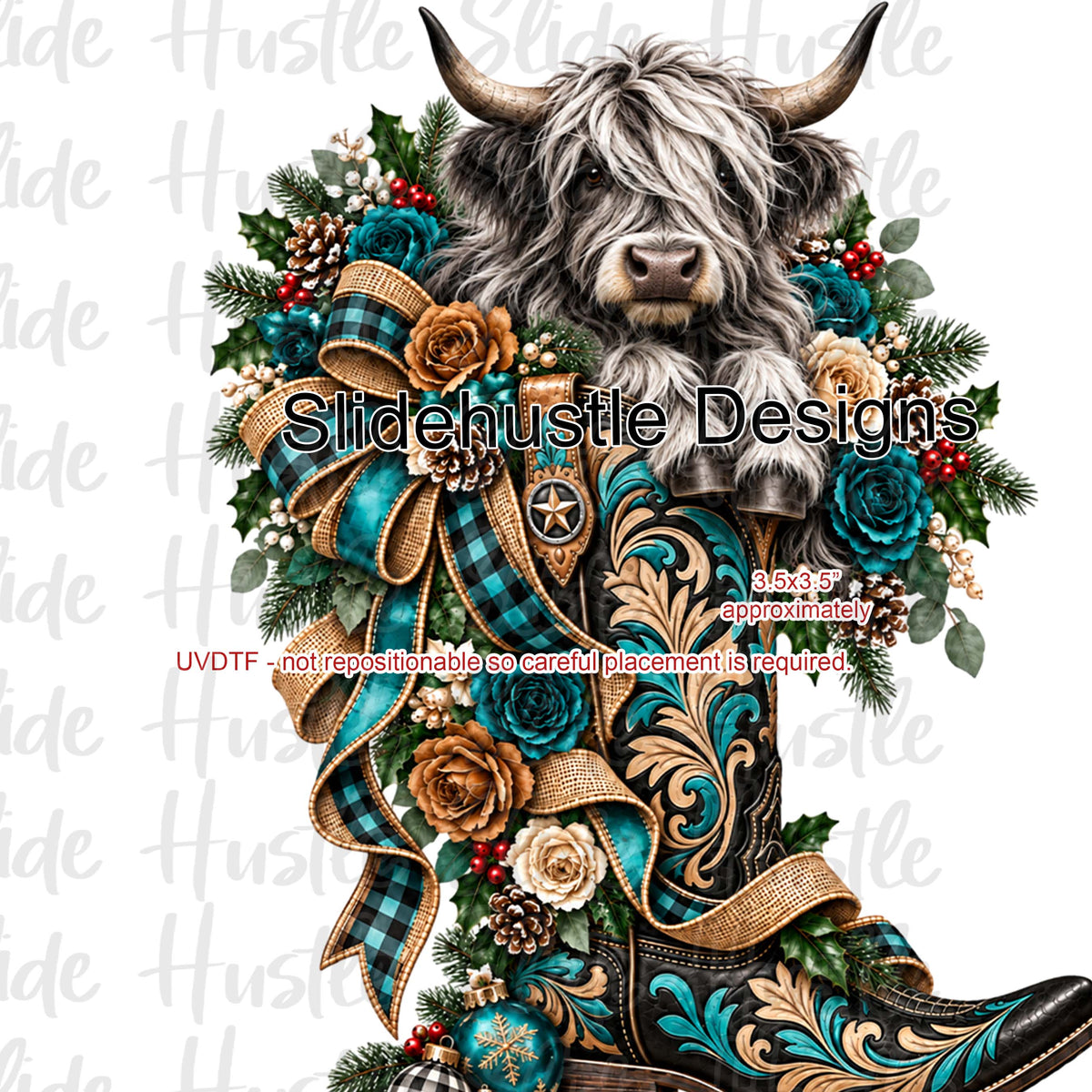 UVDTF Decal, Highlands Cow in Christmas Boot, VF906 S36