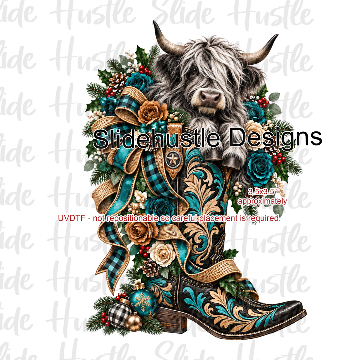 UVDTF Decal, Highlands Cow in Christmas Boot, VF906 S36