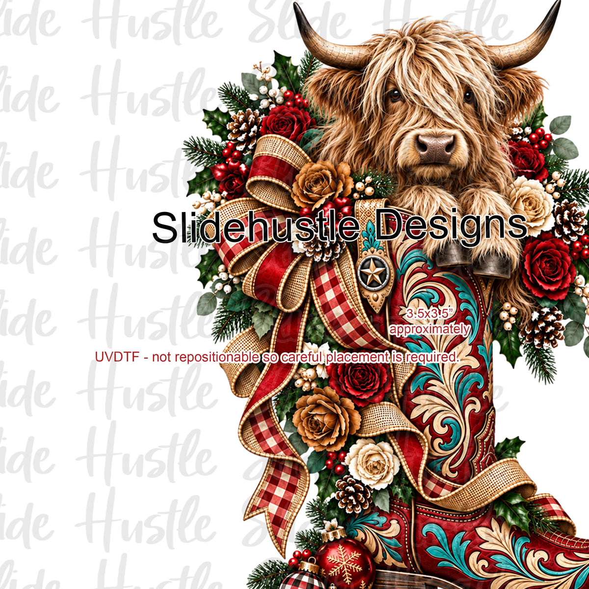 UVDTF Decal, Highlands Cow in Christmas Boot, VF906 S37