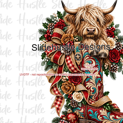 UVDTF Decal, Highlands Cow in Christmas Boot, VF906 S37