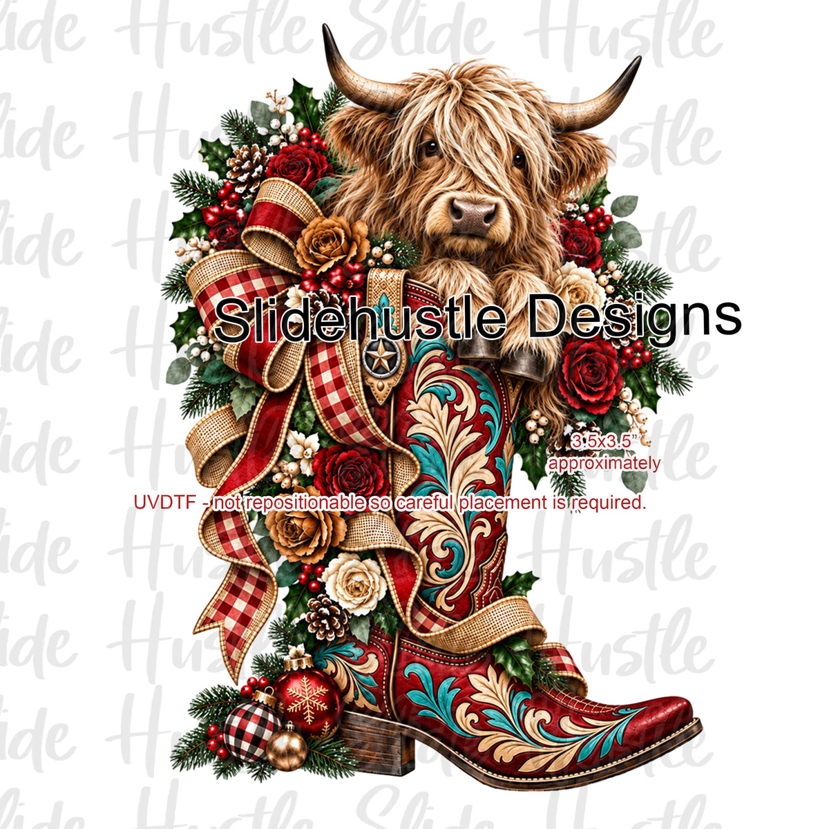 UVDTF Decal, Highlands Cow in Christmas Boot, VF906 S37