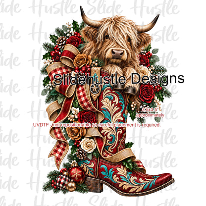 UVDTF Decal, Highlands Cow in Christmas Boot, VF906 S37