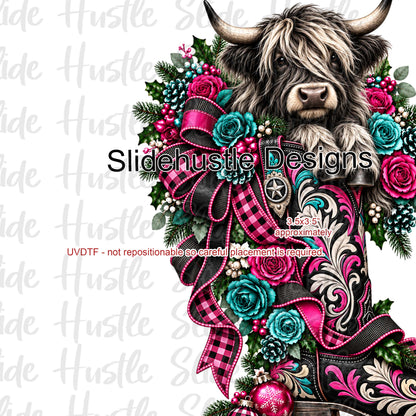 UVDTF Decal, Highlands Cow in Christmas Boot, VF906 S38