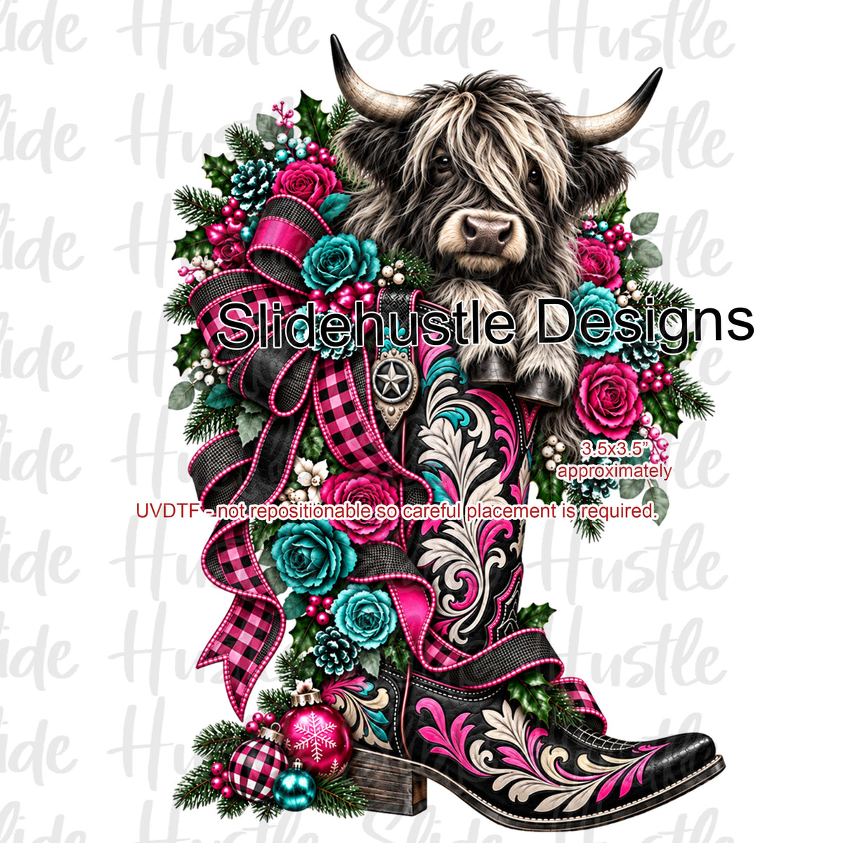 UVDTF Decal, Highlands Cow in Christmas Boot, VF906 S38