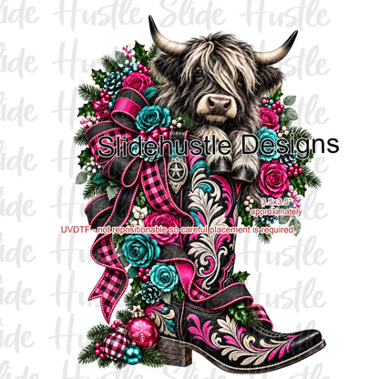 UVDTF Decal, Highlands Cow in Christmas Boot, VF906 S38