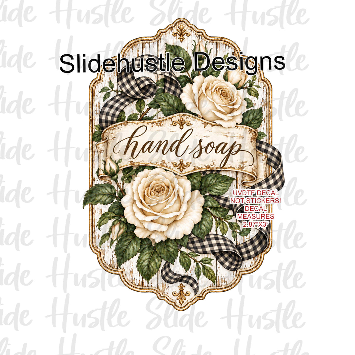 UVDTF Decal, Hand soap with white roses VF906 S5 3.5"x3.5"