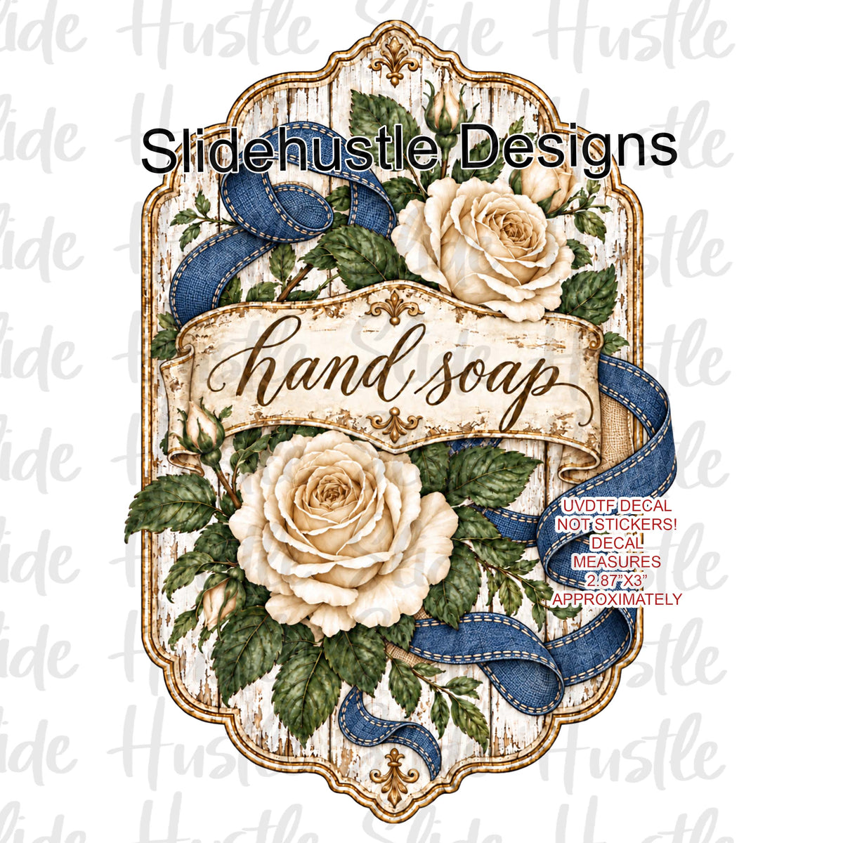Soap Dispenser UVDTF Decal, White Roses with Blue Ribbon, VF906 S9 3.5"x3.5"