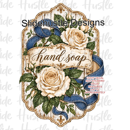 Soap Dispenser UVDTF Decal, White Roses with Blue Ribbon, VF906 S9 3.5"x3.5"