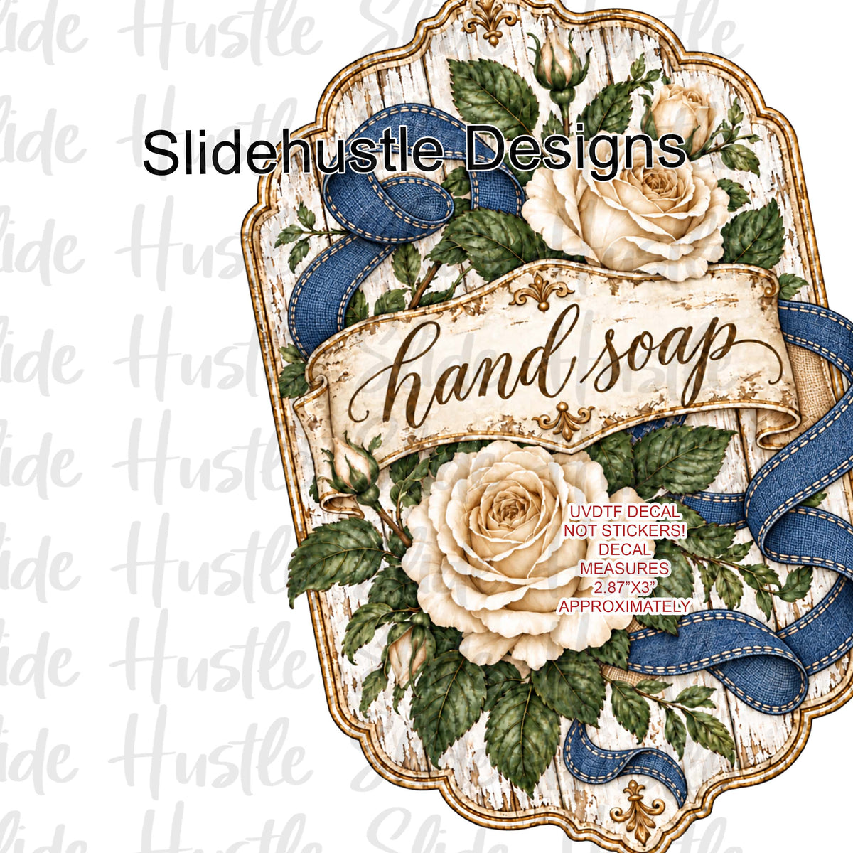 Soap Dispenser UVDTF Decal, White Roses with Blue Ribbon, VF906 S9 3.5"x3.5"